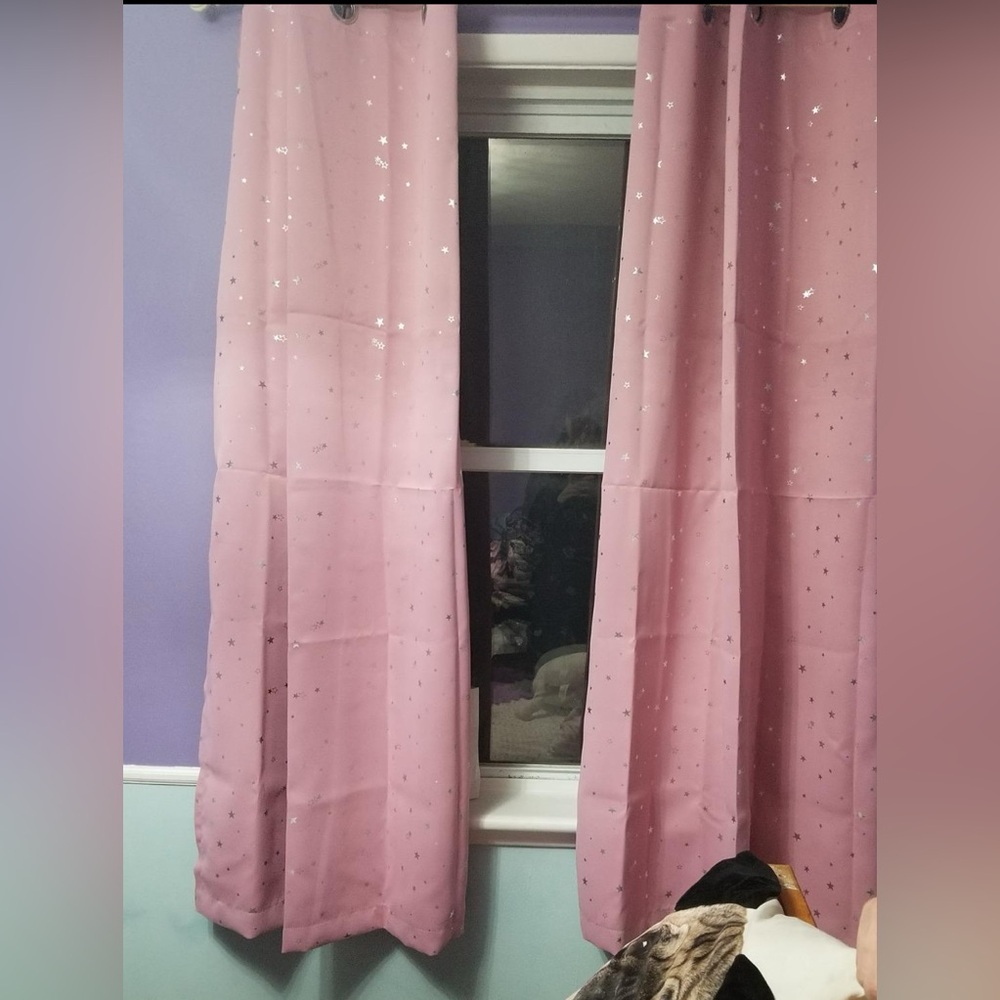 Curtains Silver Star Printed Room Darkening Grommet Window Drapes. 2 Panels.